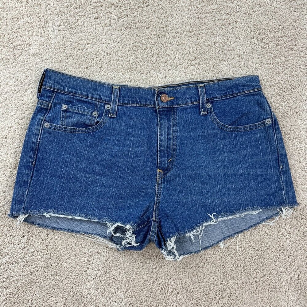 LEVIS 505 Womens Blue CUTOFF JEAN SHORTS 14 Blue Denim Stretch Mid Rise